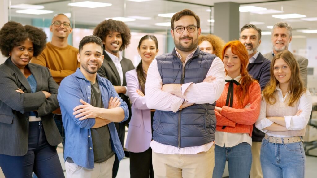 Work team of a coworking with boss leading them